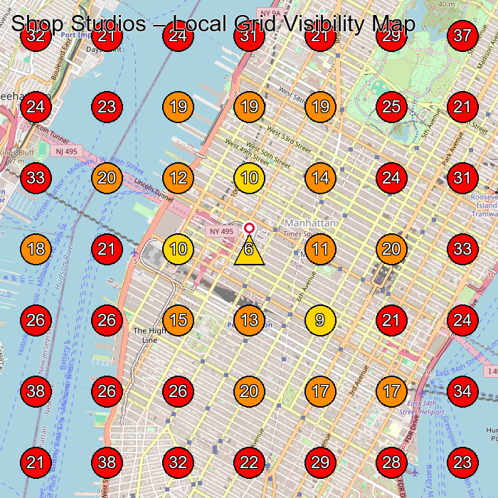 Shop Studios GeoGrid visibility map for Video Production Service in New York